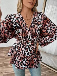 SHEIN LUNE 女士 V 领豹纹褶皱休闲长袖衬衫