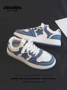 RENBEN 1 par Zapatos de patinaje y mezclilla con parches para mujer, con patrón de estrella vintage desgastado, casuales y cómodos