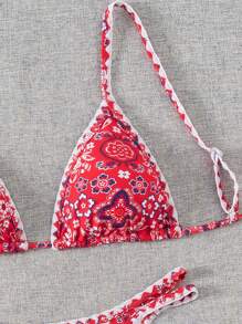 SHEIN Swim Summer Vacation Beach Paisley Print, Triangle Cup T-String Hemming Bikini Set - Multicolor - View 5