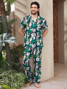 Men's Notched Collar Button-Front Allover Print Short Sleeve Top And Pants Pajama Set - Black - View 6