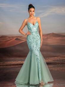 Glamrae Elegante vestido largo de fiesta/formal con diseño de sirena, busto con flor brillante verde, panel de malla (muy adornado) - Verde - Ver 7
