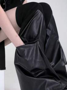 ROMWE Goth 1對女用暗螺旋紋織花PU腿套 - 黑色 - 查看 4