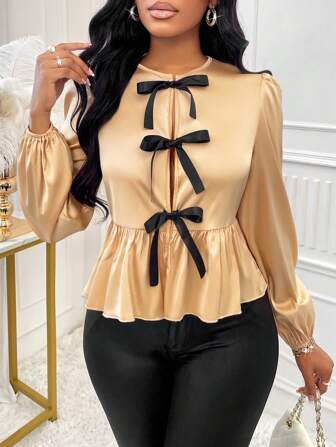 Zolique 女士优雅圆领泡泡袖系带缎面女式衬衫