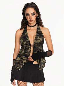 ROMWE Grunge Punk Top de tirantes finos con escote trasero para mujer con colgante con decoración de cruz de rhinestones con estilo Y2K