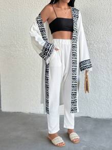 EURMUSE Drop Shoulder Kimono With Contrast Geo Band & Pants, Fringes - White - View 1
