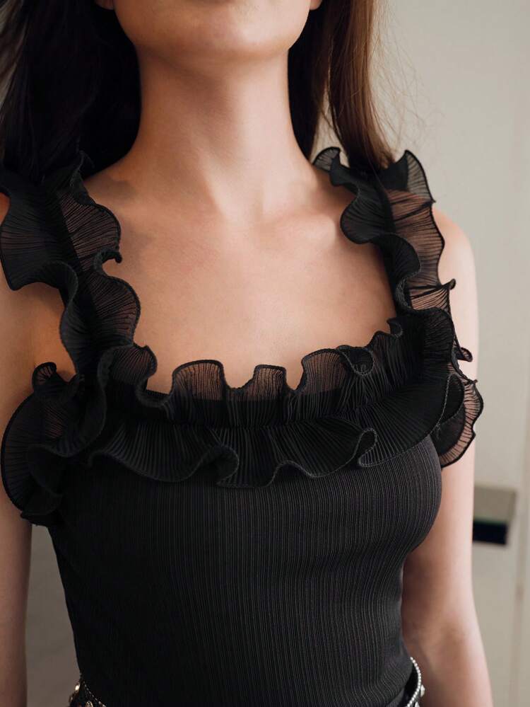 MOTF STUDIO SOLID PLISSE RUFFLE TRIM WIDE STRAPS TOP