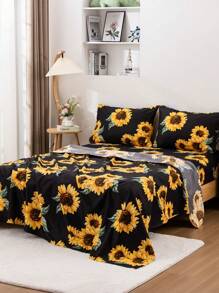 4 件套向日葵床上用品，纯色背景配向日葵图案，舒适向日葵床笠套装，女孩卧室装饰，包括床笠、床裙、2 件枕套（适合旅行）