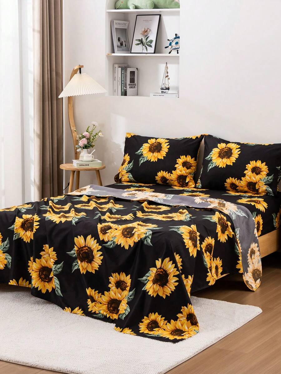 4 件套向日葵床上用品，纯色背景配向日葵图案，舒适向日葵床笠套装，女孩卧室装饰，包括床笠、床裙、2 件枕套（适合旅行）