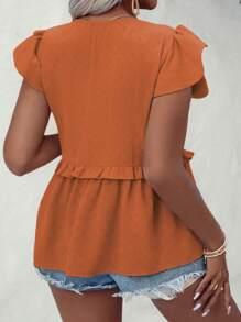 Calvaya 大码女式夏季纯色荷叶边 V 领喇叭袖休闲衬衫女式衬衫 - 橘色 - 查看 2