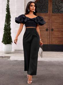 SHEIN Lady Zwarte mode-bubbelde crop-top voor dames