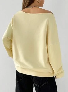SHEIN EZwear Moletom Minimalista de Manga Longa com Ombro à Mostra e Bolso, em Cor Sólida, Uso Casual Diário - Damasco - Visão 2