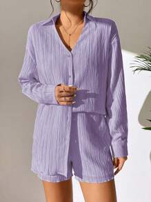 SHEIN LUNE 2 件女式 V 领长袖纯色衬衫和宽松舒适短裤 - 紫色 - 查看 6