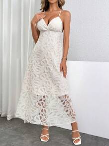 SHEIN Privé Elegant Floral Heavy-Duty Hollow Out Weave & Pressed Flower Decoration Spaghetti Strap Backless Dress, Ideal For Beach Vacation,Slim Waist Design Waist Spaghetti Strap Ruched Slim Fit Long Dress ,Back To School Long Dress ,Hawaiian Long Dress,Vintage Clothes Teacher Dress For Summer And Autumn,Vacation, Dating