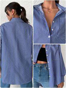 EURMUSE Striped Print Drop Shoulder Shirt - Blue - View 7