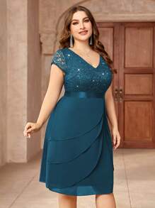 Sequin Lace V-Neck Ruffle Hem Chiffon Cocktail Dress, Valentine's Day Dress, Dinner Date, Graduation Ceremony, Homecoming - Dusty Blue - View 6