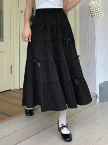 DAZY 女士层叠荷叶边蝴蝶结下摆优雅时尚A字裙 - 黑色 - 查看 2