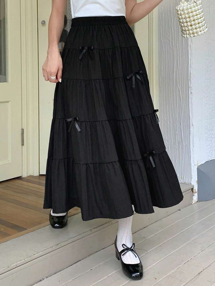 Women's Layered Ruffle Bowknot Hem Elegant Fashion A-Line Skirt
