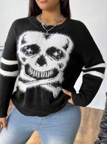 Flirla Plus Size Casual Intarsia Skull Pattern Crew Neck Long Sleeve Sweater Knit Pullover Fall Winter Outfit Autumn