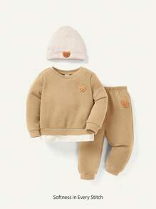 Cozy Pixies 3pcs Baby Boy's Cute Bear Pattern Crew Neck Sweatshirt, Pants And Hat Set - Khaki - View 1