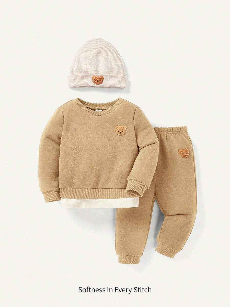 Cozy Pixies 3pcs Baby Boy's Cute Bear Pattern Crew Neck Sweatshirt, Pants And Hat Set - Khaki - View 1