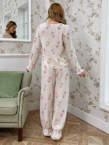 Conjunto de pijama de manga larga con parte superior y pantalones con estampado floral y decoración de moño para mujeres - Multicolor - Ver 2