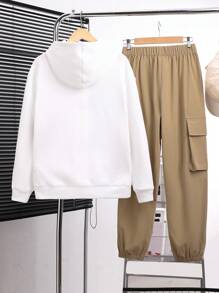 SHEIN 2pcs Teen Boys' Casual Khaki Vest With Multi-Pockets And White Hooded Printed Sweatshirt With Thermal Lined , Plus Khaki Jogger Cargo Pants. Suitable For Fall, Winter, Sports, Camping, Hiking, Daily Wear - Multicolor - View 10