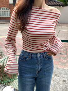 DAZY Women's Striped Open Shoulder Loose Long Sleeve T-Shirt, Suitable For Christmas, Spring, Summer And Autumn