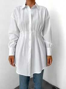 EURMUSE Cotton Drop Shoulder Fold Pleated Curved Hem Shirt - White - View 5