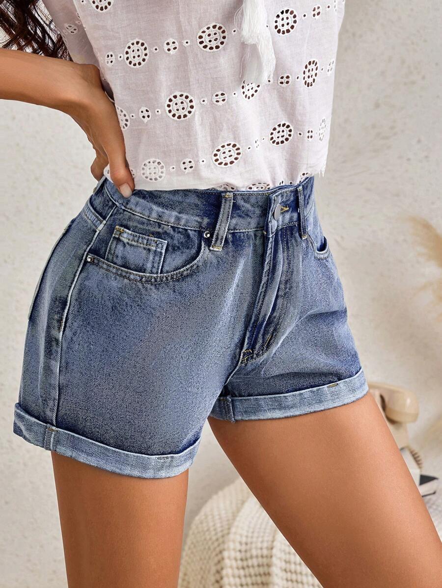 SHEIN LUNE 夏季卷邊牛仔短褲 - 藍色 - 查看 1