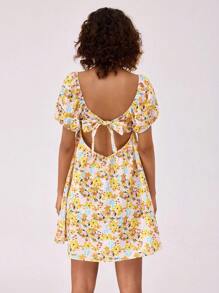 Forever 21 Vacation Style Casual Mini Ditsy Floral Puff Sleeve A-Line Dress - Multicolor - View 2