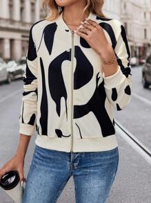 SHEIN LUNE Women's New Abstract Random Print Zip-Up Short Jacket, Autumn Winter - Multicolor - View 6