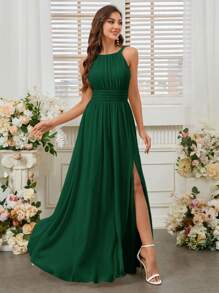 SHEIN Belle Sleeveless Pleated Halter High Slit Waist Elegant Bridesmaid Dress - Dark Green - View 3