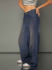 WESTFADE Jean baguette teint en denim 91% coton premium avec boucle - Bleu azur - Voir 8
