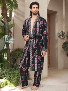 Manfinity Underwear&Sleepwear Basics 男式全图案印花拼布长袖衬衫和裤子家居服套装 - 彩色 - 查看 7