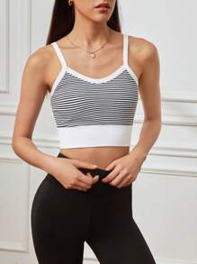 SHEIN Sports Contrast Striped Fitted Cropped Sports Camisole - Black and White - View 4