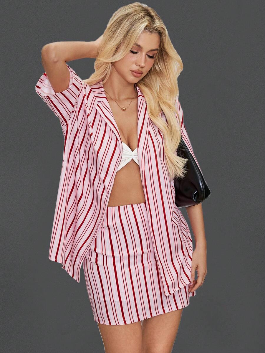 SHEIN Essnce Women's Striped Printed Slim Fit Mini Skirt, Pink/Red Stripes - Pink - View 1