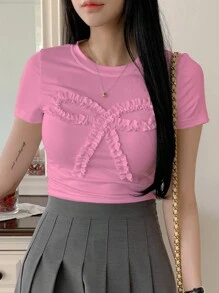 DAZY 女士圆领蝴蝶结荷叶边下摆甜美休闲短袖 T 恤 - 珊瑚粉 - 查看 3