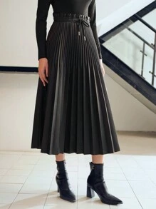 MOTF STUDIO PU 皮革纸袋抽绳腰褶裙