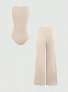 Sweetra 女士方领无袖连体裤（含系带裤）2 件套 - 杏色 - 查看 2