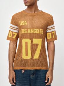 ROMWE MEN Prep Áo thun dệt kim cổ tròn tay ngắn họa tiết chữ rỗng cho nam, đi học - Màu vàng - Xem 3