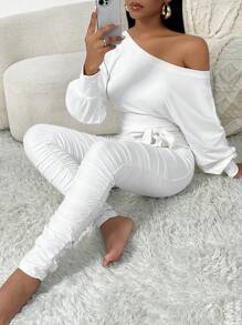 SHEIN SXY Spring/Autumn Casual Asymmetrical Shoulder Warm Home White Batwing Sleeve Jumpsuits - White - View 1