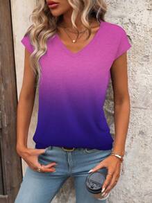 SHEIN LUNE T-shirt décontracté d'été pour femme à col en V et à manches courtes dégradé