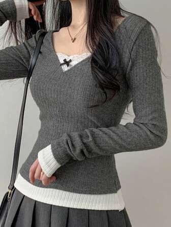 DAZY Women's V-Neck Lace Bow Splice Colorblock Long Sleeve Gentle Style Girlfriend Tee Going Out Tops,Fall Women Clothes