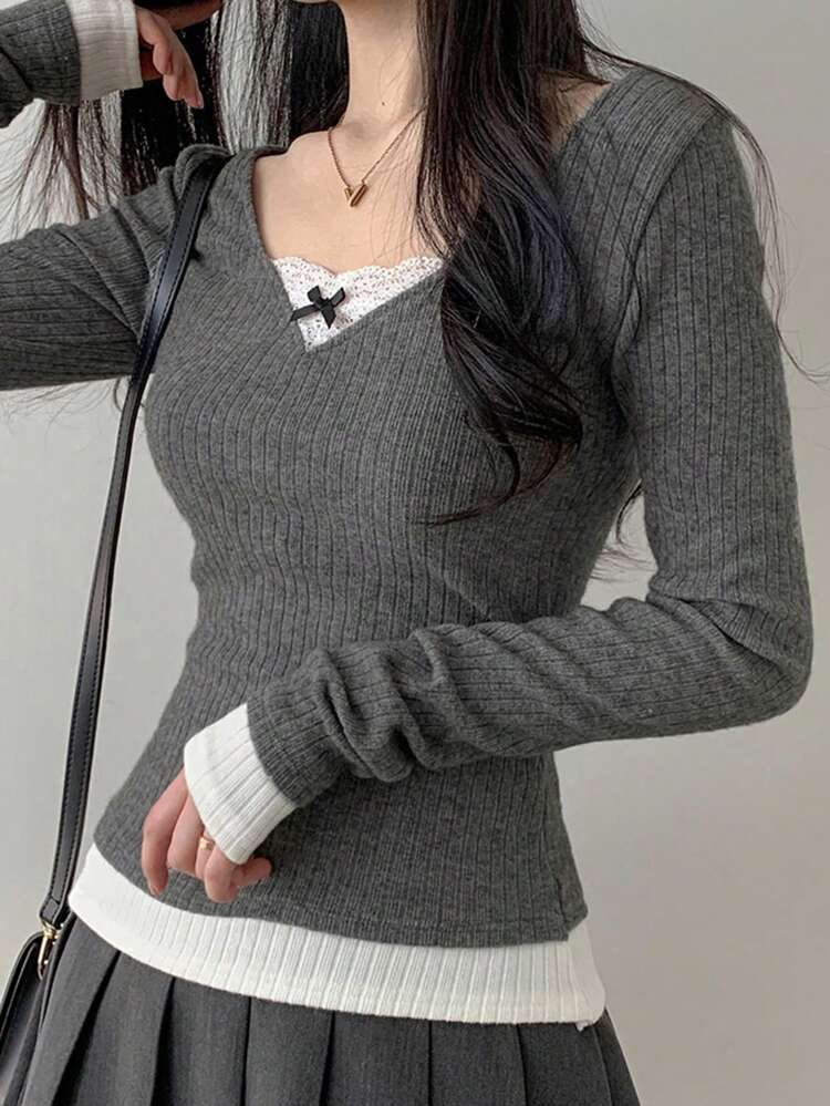 Women's V-Neck Lace Bow Splice Colorblock Long Sleeve Gentle Style Girlfriend Tee Going Out Tops,Fall Women Clothes