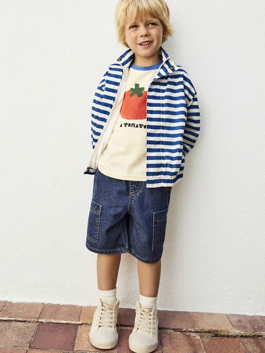 SHEIN Young Boy Navy Style Striped Long Sleeve Collar Casual Outdoor Sports Vacation Jacket, Autumn/Winter Back To School Season