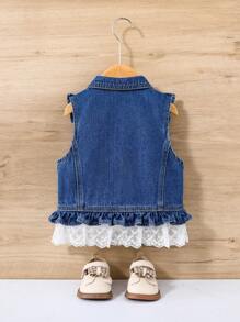 SHEIN Baby Girls' White Mesh Hem Denim Vest - Medium Wash - View 2