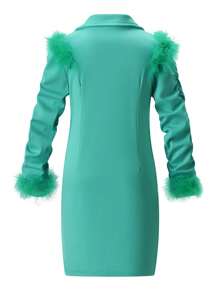 SHEIN Girls Elegant Avocado Green Knit Patchwork Feather Trim Dress,Stand Collar,Ruched Sleeve,Golden Buttons,Autumn Party Formal Occasions,New Arrival - Green - View 2