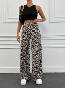 EURMUSE Leopar Printed Satin Wide Leg Pant - Brown - View 4