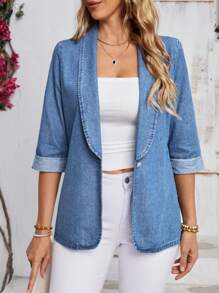 SHEIN LUNE Notch Collar Mid-Length Sleeves Casual Denim Jacket - Light Wash - View 4