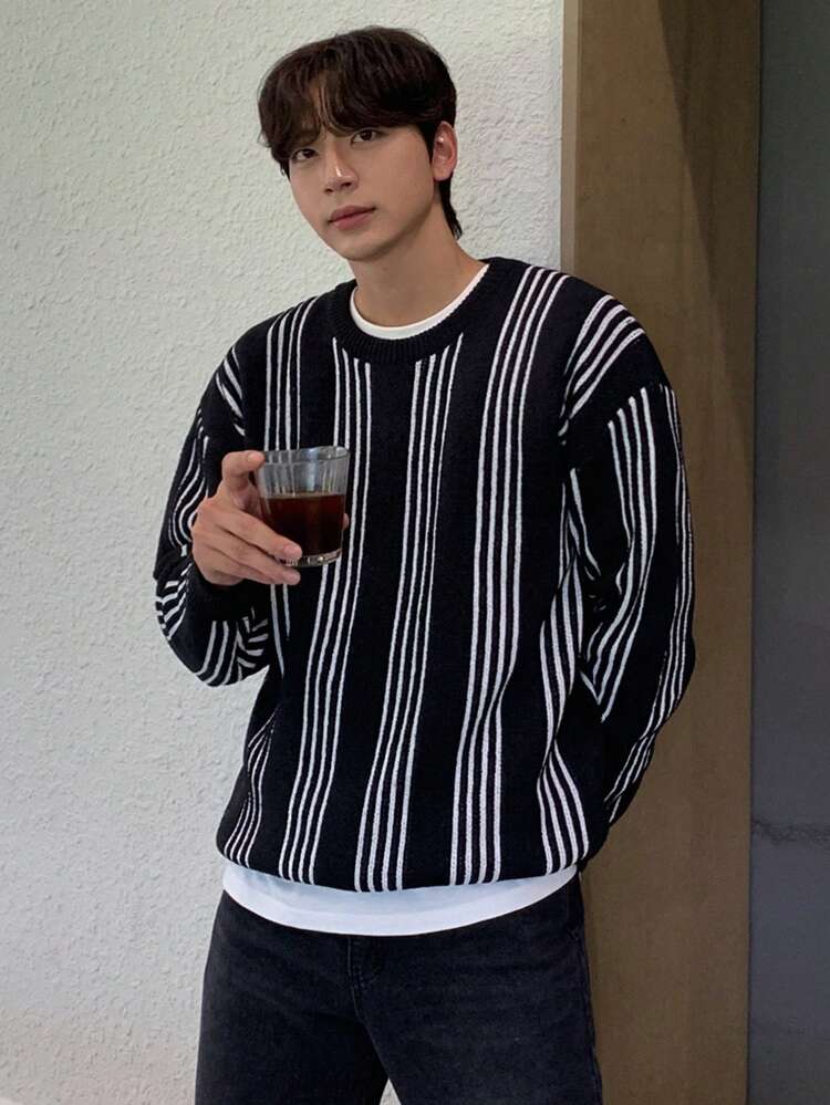 Men's Round Neck Long Sleeve Striped Knit Sweater, Casual Autumn Wear